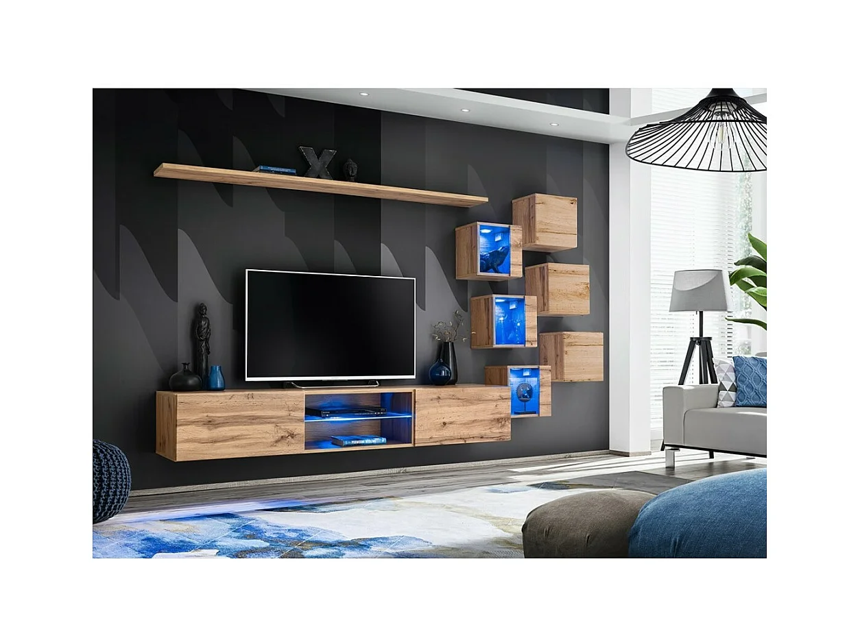 Salonmeubelset SWITCH XXI design – Eiken – Ingebouwde LED – Zwevend TV-meubel