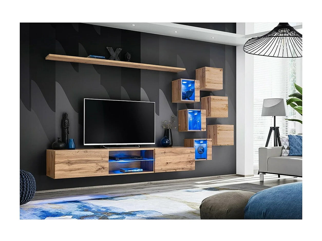 Salonmeubelset SWITCH XXI design – Eiken – Ingebouwde LED – Zwevend TV-meubel