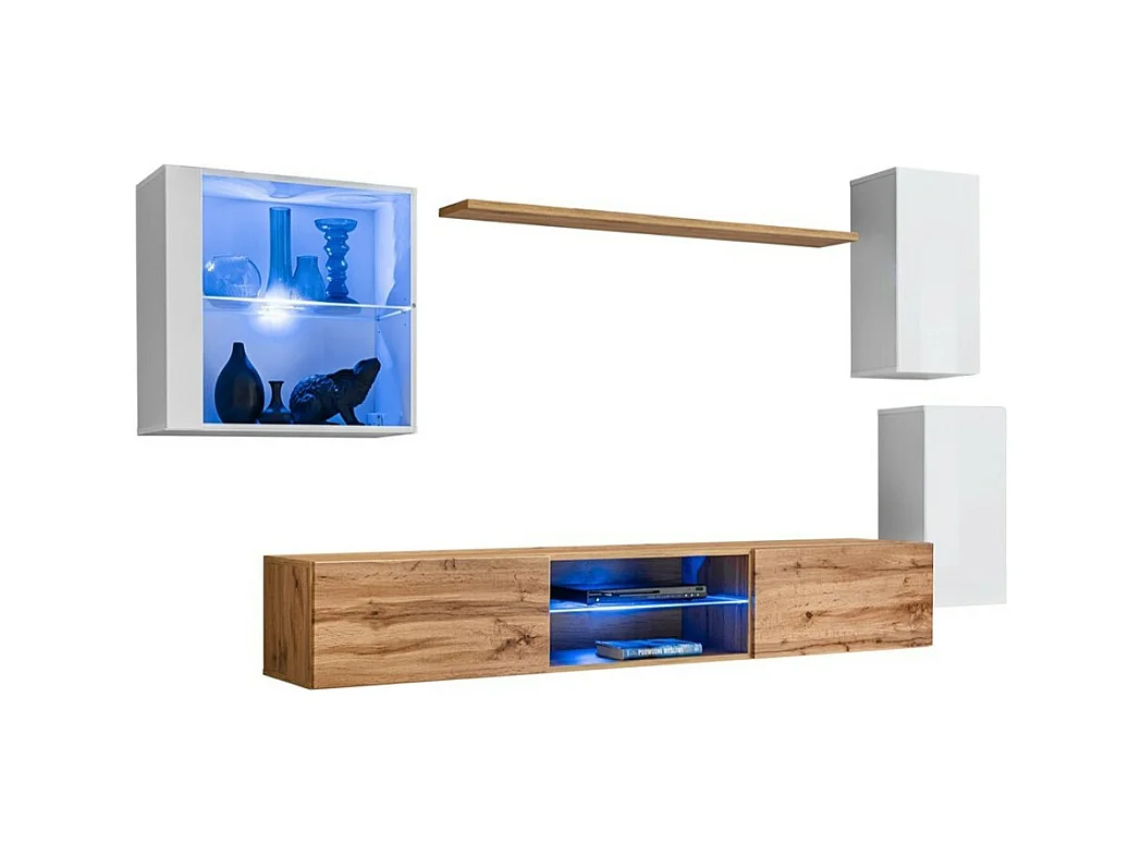 Möbelset für das Wohnzimmer SWITCH XXIII – LED – Weiß und Eiche – Hängendes Design