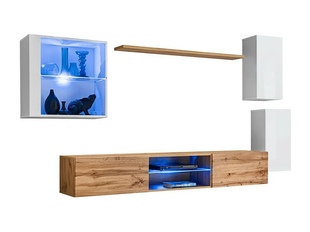 Ensemble meubles de salon SWITCH XXIII – LED – Blanc et chêne – Design suspendu