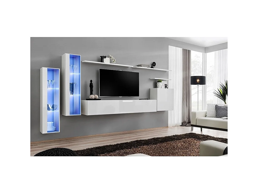 Conjunto de muebles de salón mural SWITCH XI de diseño, color blanco brillante.
