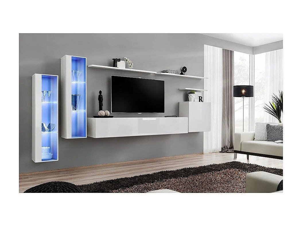 Ensemble meuble salon mural SWITCH XI design, coloris blanc brillant.