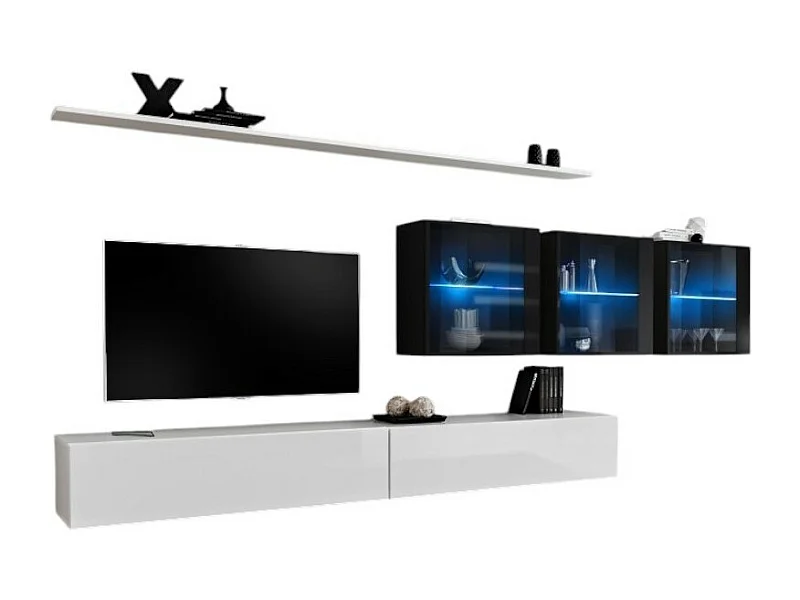 Wandmeubelset voor de woonkamer SWITCH XVII design, in glanzend wit en zwart.