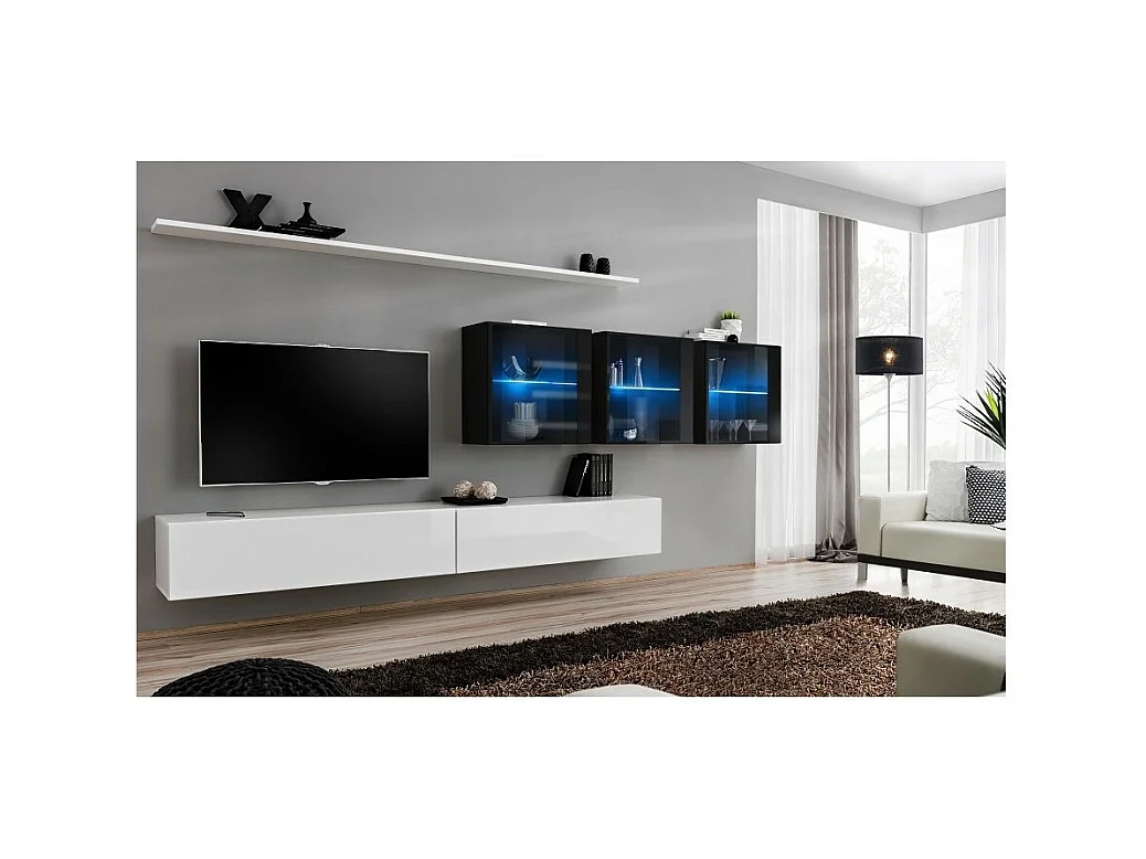 Conjunto de móveis para sala de estar SWITCH XVII, design de parede, nas cores branco e preto brilhante.
