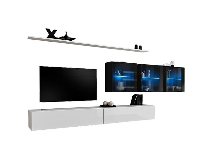 Ensemble meuble salon mural SWITCH XVII design, coloris blanc et noir brillant.