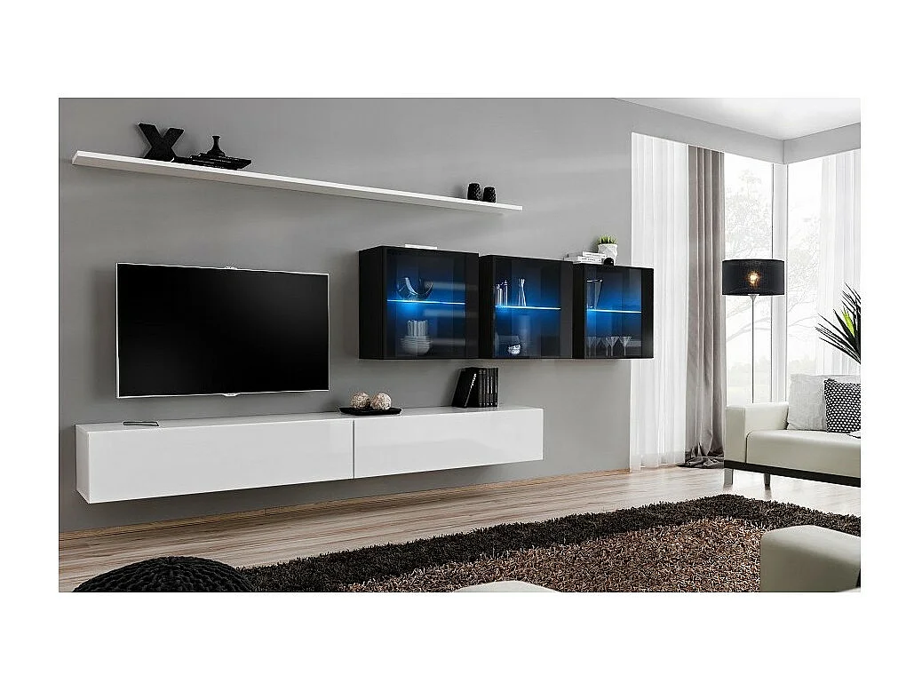 Conjunto de móveis para sala de estar SWITCH XVII, design de parede, nas cores branco e preto brilhante.