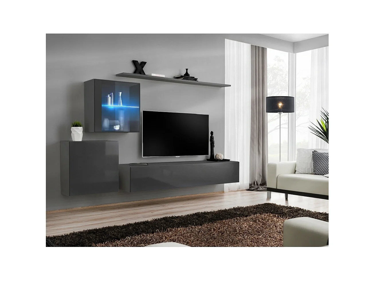 Conjunto de móveis para sala de estar SWITCH XV, design mural, na cor cinza brilhante.