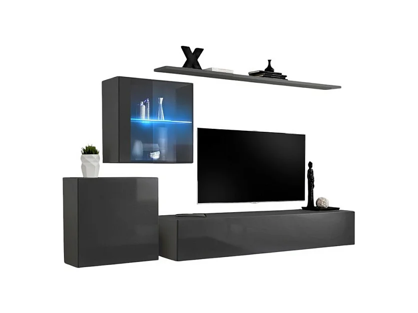 Ensemble meuble salon mural SWITCH XV design, coloris gris brillant.