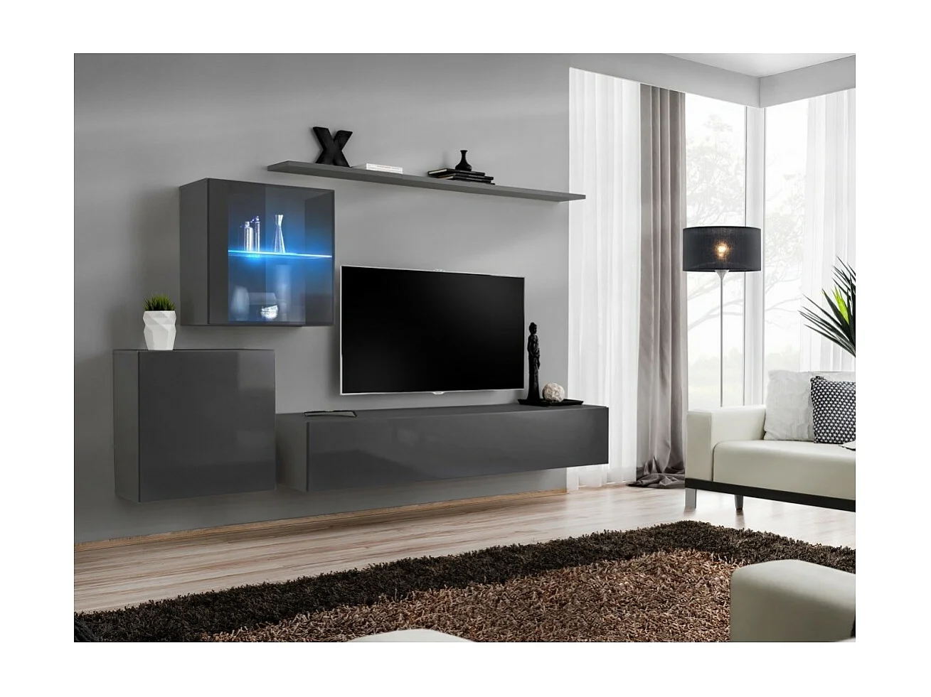 Wandmeubel set voor de woonkamer SWITCH XV design, in glanzend grijs.
