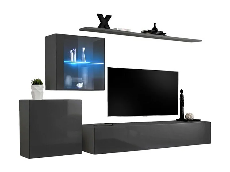 Ensemble meuble salon mural SWITCH XV design, coloris gris brillant.