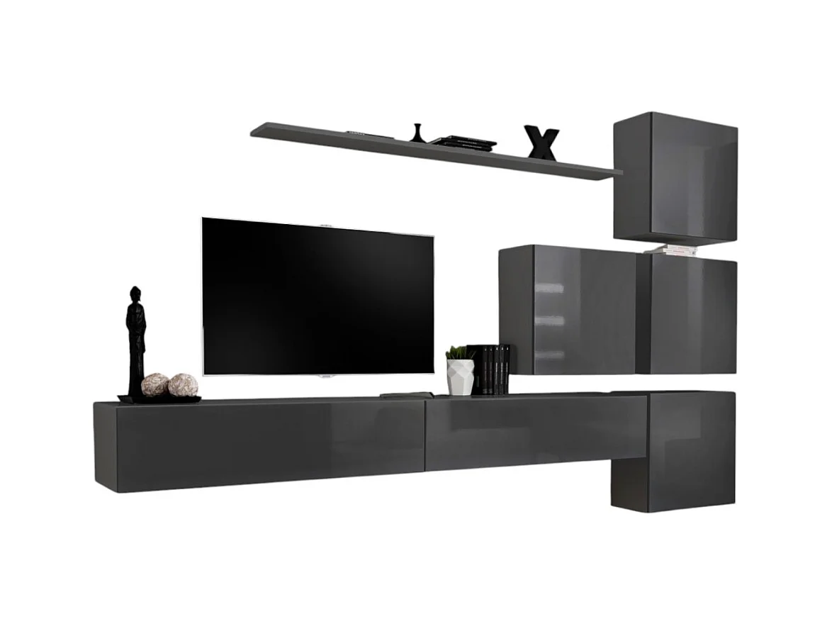 Meuble TV mural SWITCH IX – Gris brillant – Ensemble mural 7 éléments – L310 x H200 x P40 cm