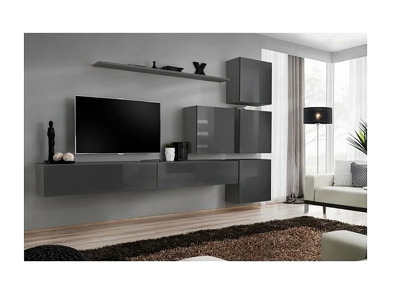 Meuble TV mural SWITCH IX – Gris brillant – Ensemble mural 7 éléments – L310 x H200 x P40 cm