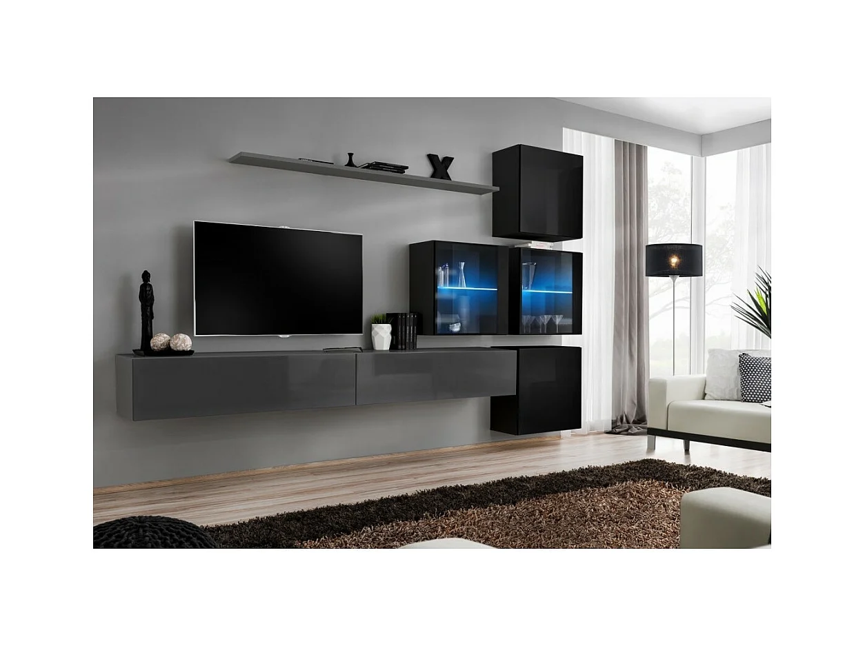 Conjunto de móveis para sala de estar SWITCH XIX, design em cores cinza e preto brilhante.