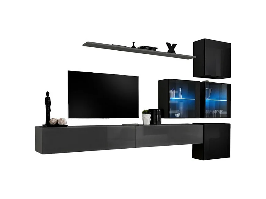 Ensemble meubles de salon SWITCH XIX design, coloris gris et noir brillant.