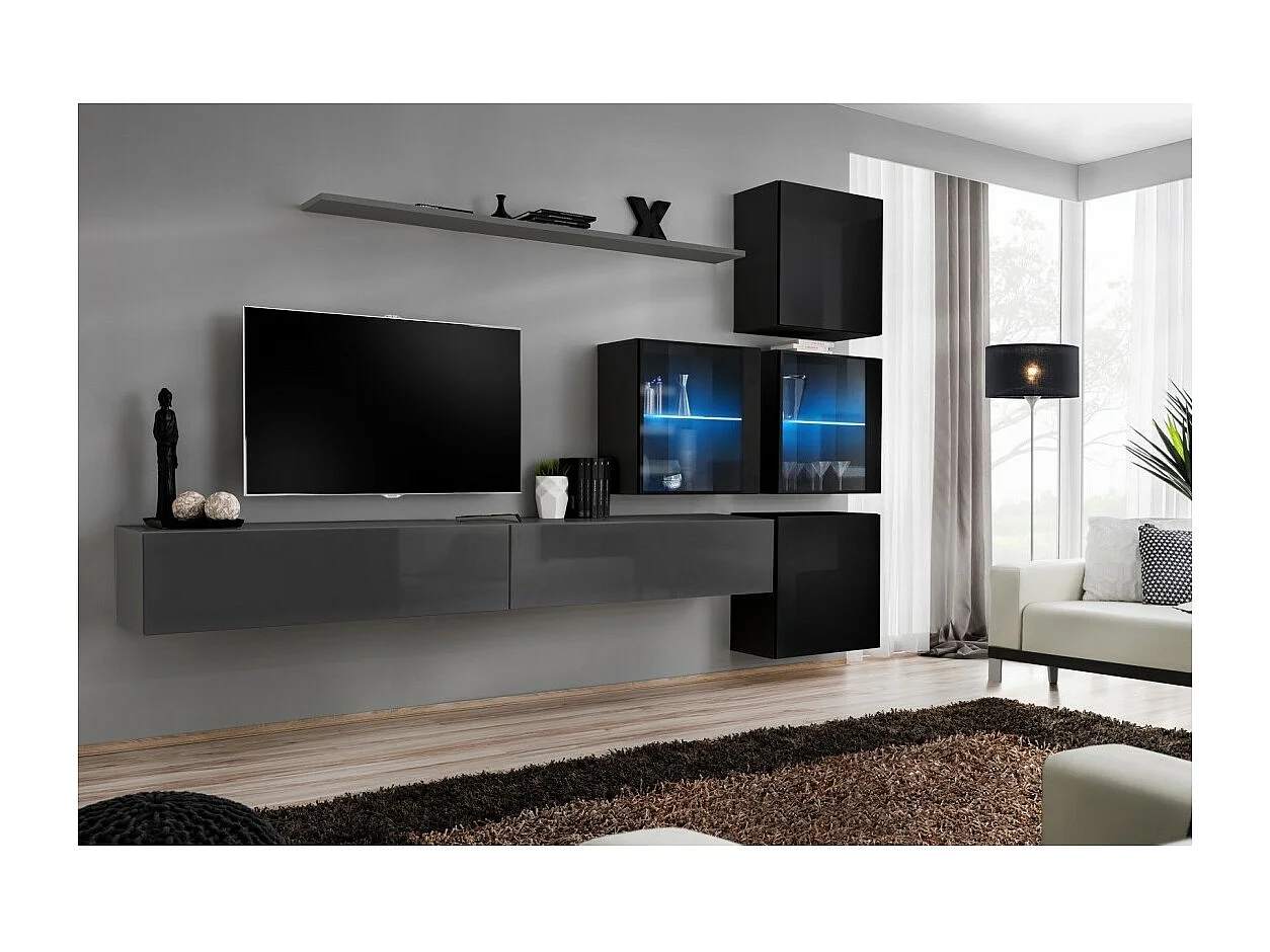 Ensemble meubles de salon SWITCH XIX design, coloris gris et noir brillant.