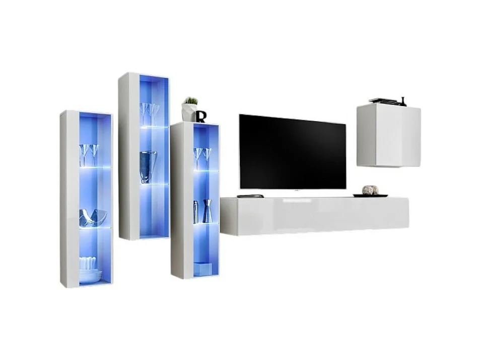 Ensemble meuble salon mural SWITCH XIII design, coloris blanc brillant.