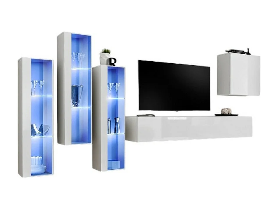 Ensemble meuble salon mural SWITCH XIII design, coloris blanc brillant.
