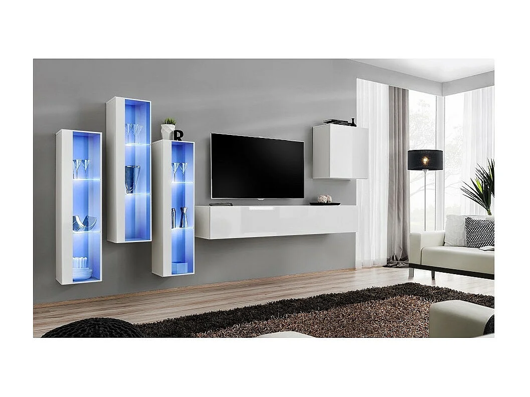 Ensemble meuble salon mural SWITCH XIII design, coloris blanc brillant.