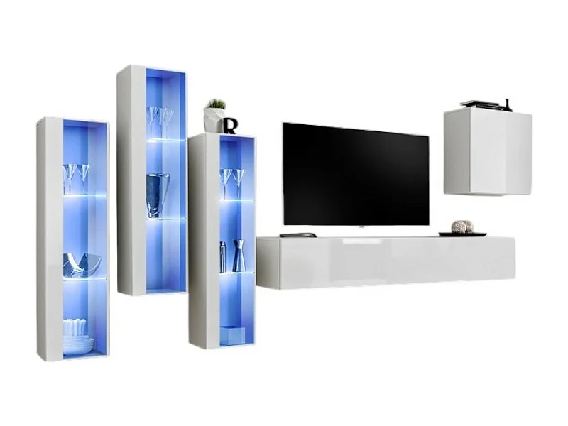 Ensemble meuble salon mural SWITCH XIII design, coloris blanc brillant.