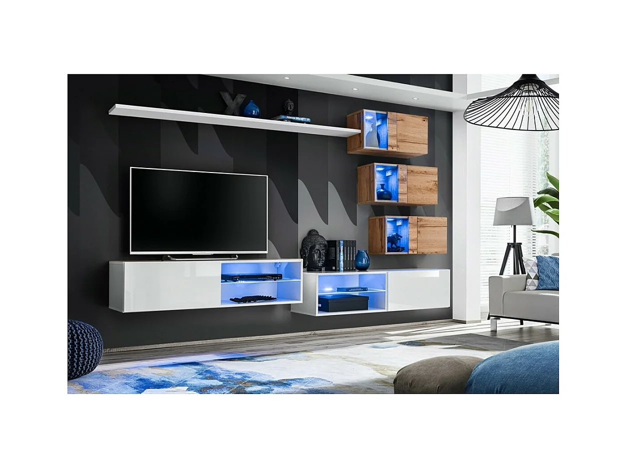 Wohnzimmermöbel-Set SWITCH XXIV Design, Farbe Weiß und Eiche.