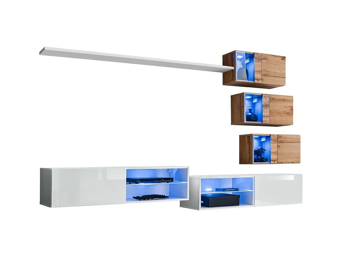 Ensemble meubles de salon SWITCH XXIV design, coloris blanc et chêne.