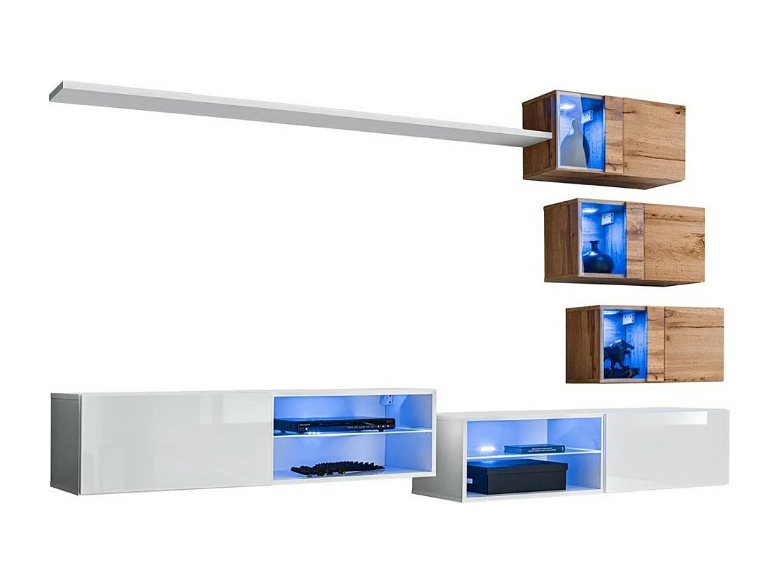 Conjunto de móveis para sala de estar SWITCH XXIV, design, nas cores branco e carvalho.