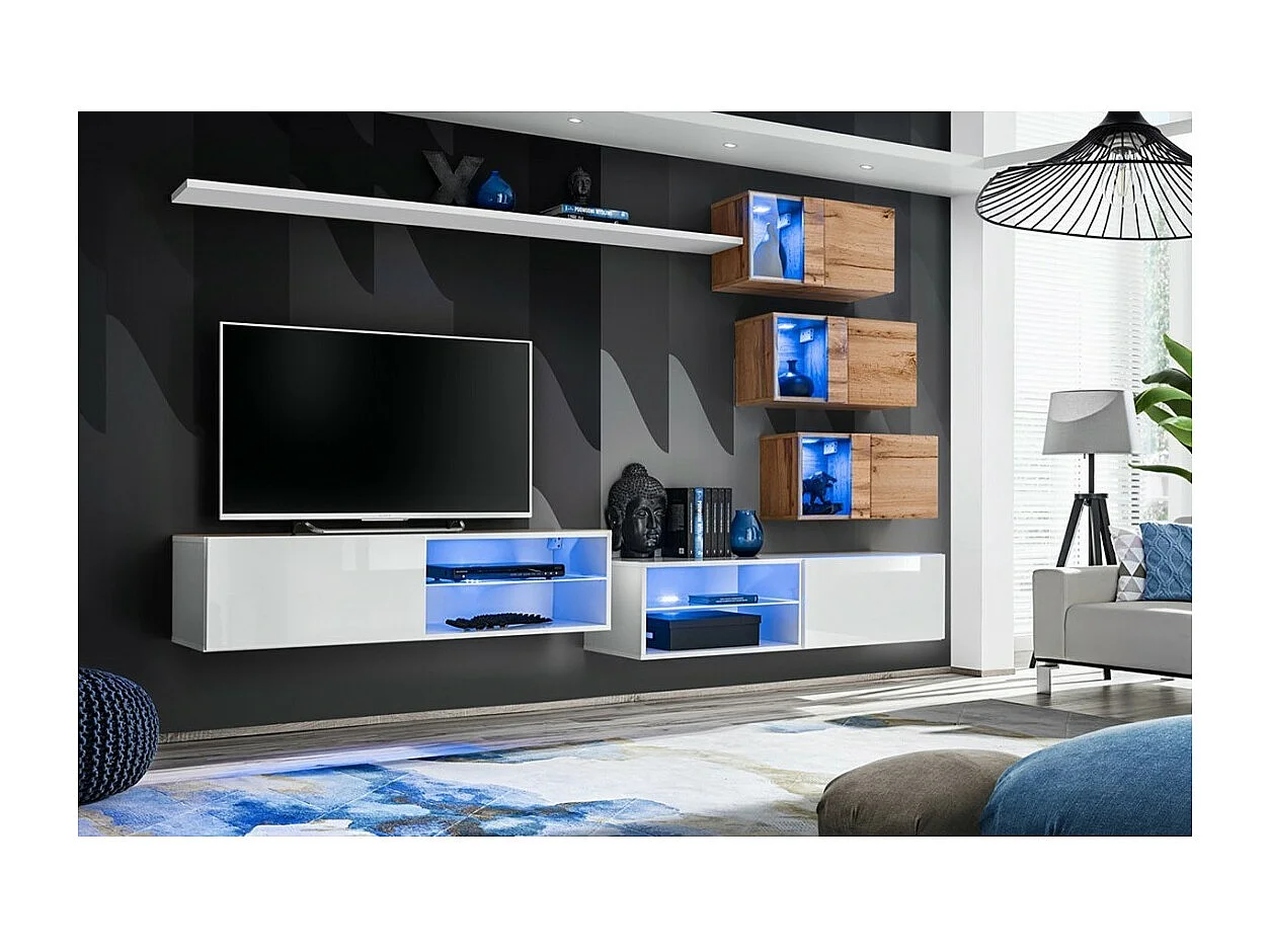 Conjunto de móveis para sala de estar SWITCH XXIV, design, nas cores branco e carvalho.