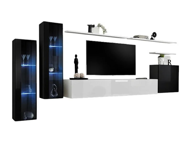 Conjunto de móveis de parede para sala de estar SWITCH XI, design moderno, nas cores preto e branco brilhante.