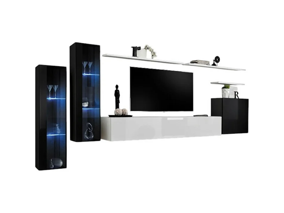 Conjunto de móveis de parede para sala de estar SWITCH XI, design moderno, nas cores preto e branco brilhante.