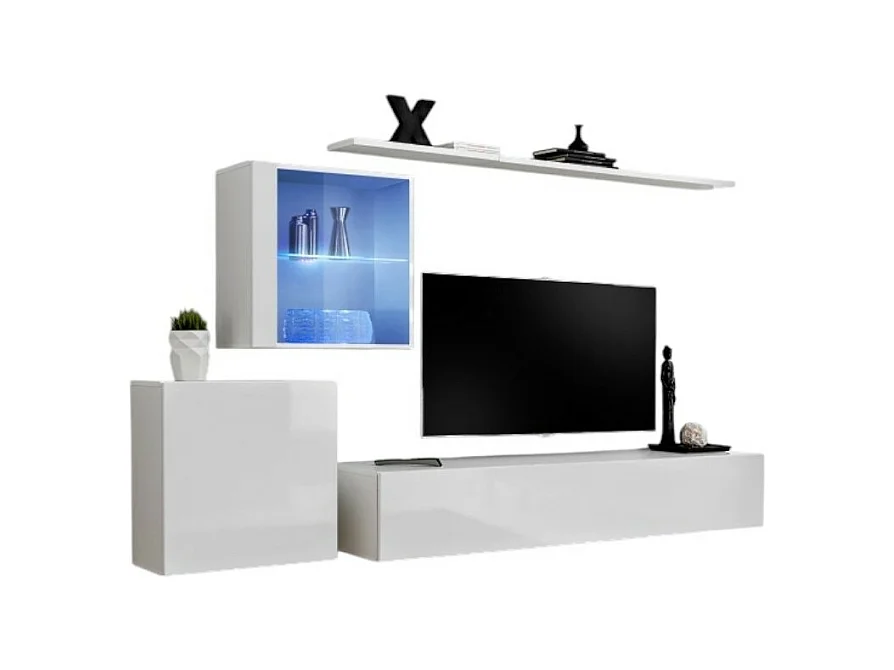 Ensemble meuble salon mural SWITCH XV design, coloris blanc brillant.
