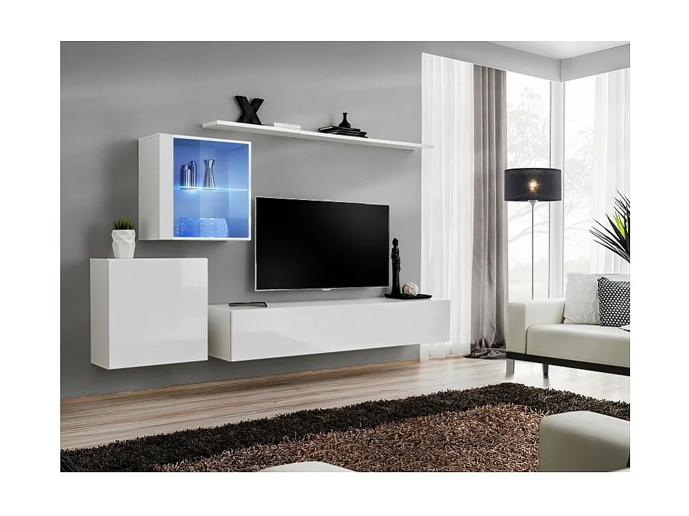 Wandmeubelset voor de woonkamer SWITCH XV design, in glanzend witte kleur.