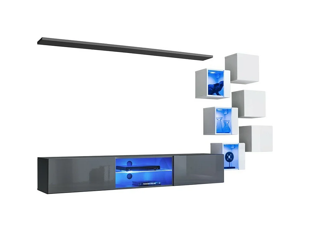 Conjunto de móveis para sala de estar SWITCH XXI design, nas cores cinza e branco.