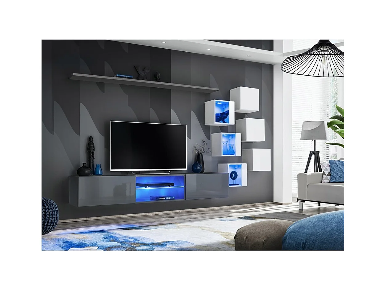 Conjunto de móveis para sala de estar SWITCH XXI design, nas cores cinza e branco.