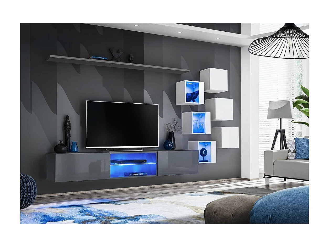 Ensemble meubles de salon SWITCH XXI – LED – Gris et Blanc – Composition murale design