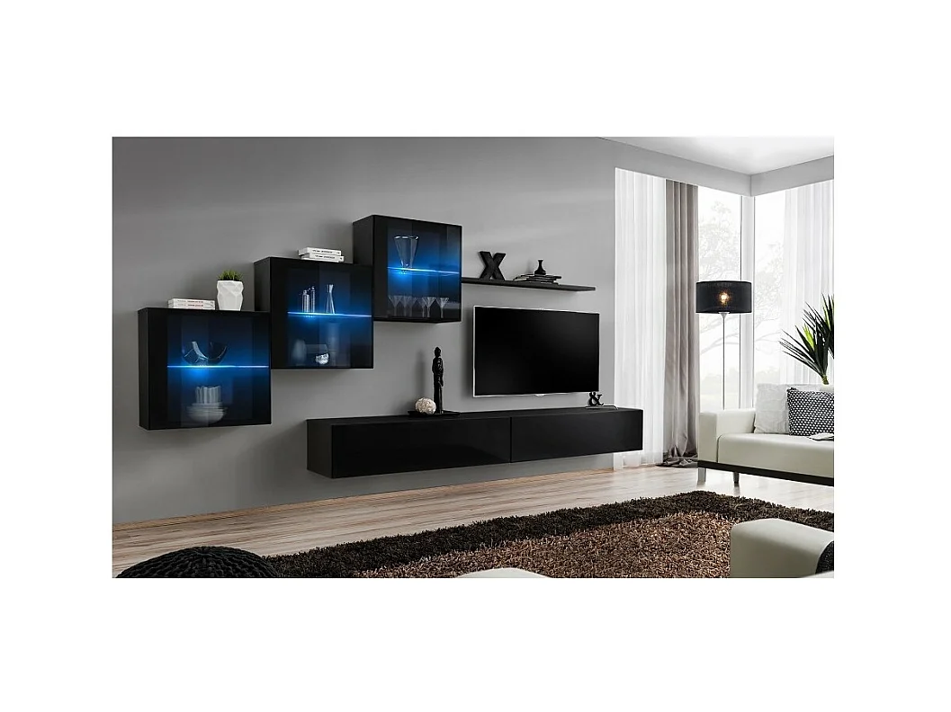 Conjunto de móveis para sala de estar SWITCH XX, design sofisticado, na cor preto brilhante.