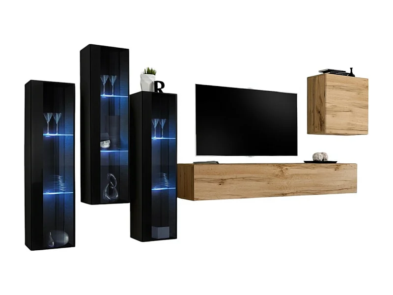Conjunto de móveis de parede para sala de estar SWITCH XIII, design, cor carvalho Wotan e preto.