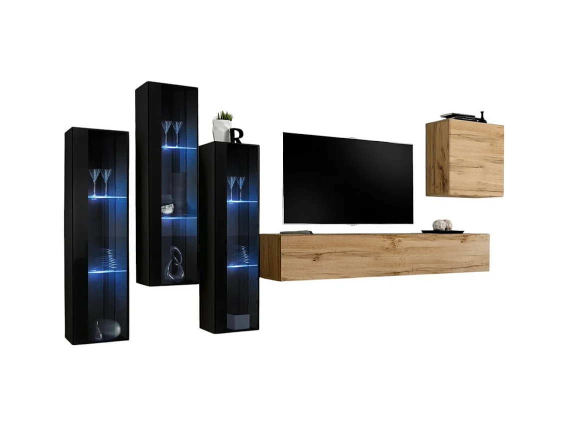 Conjunto de móveis de parede para sala de estar SWITCH XIII, design, cor carvalho Wotan e preto.