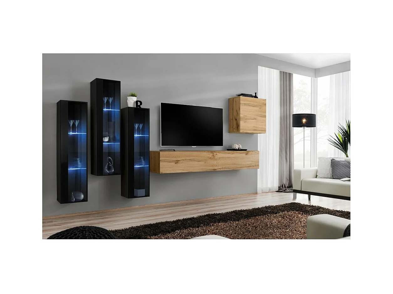 Conjunto de móveis de parede para sala de estar SWITCH XIII, design, cor carvalho Wotan e preto.