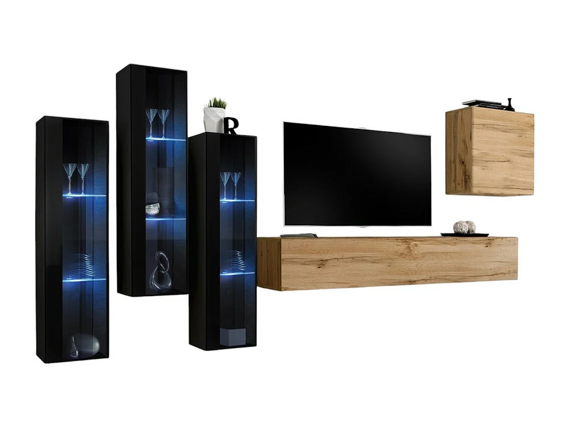 Ensemble meuble salon mural SWITCH XIII design, coloris chêne Wotan et noir.