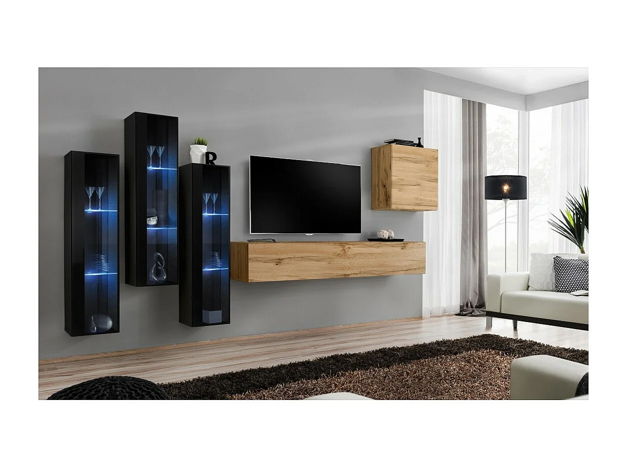 Ensemble meuble salon mural SWITCH XIII design, coloris chêne Wotan et noir.