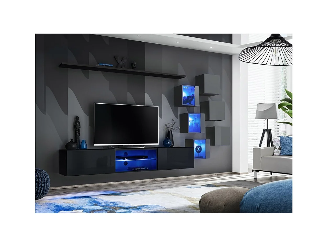 Set woonkamermeubels SWITCH XXI – LED – Zwart en grijs – Hangend design