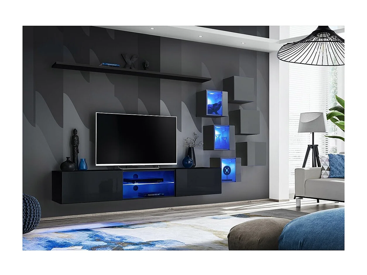 Set woonkamermeubels SWITCH XXI – LED – Zwart en grijs – Hangend design