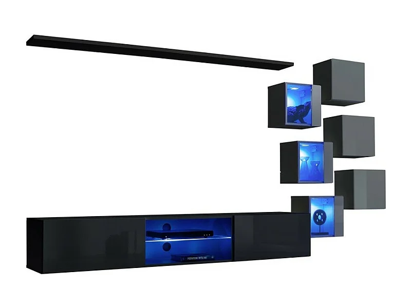 Set woonkamermeubels SWITCH XXI – LED – Zwart en grijs – Hangend design