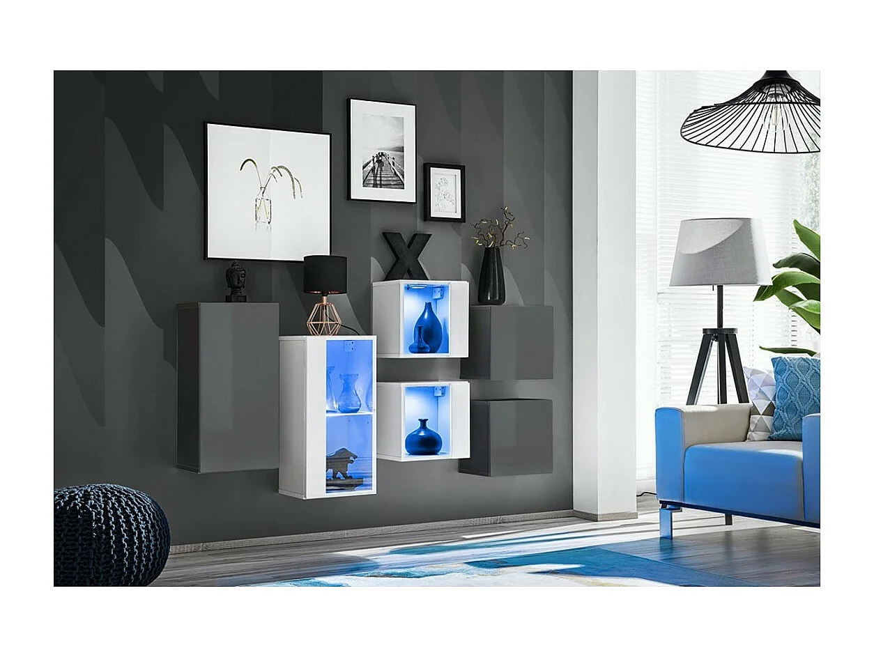 Wohnzimmermöbelset SWITCH SBIV Design. Farben Grau und Weiß.