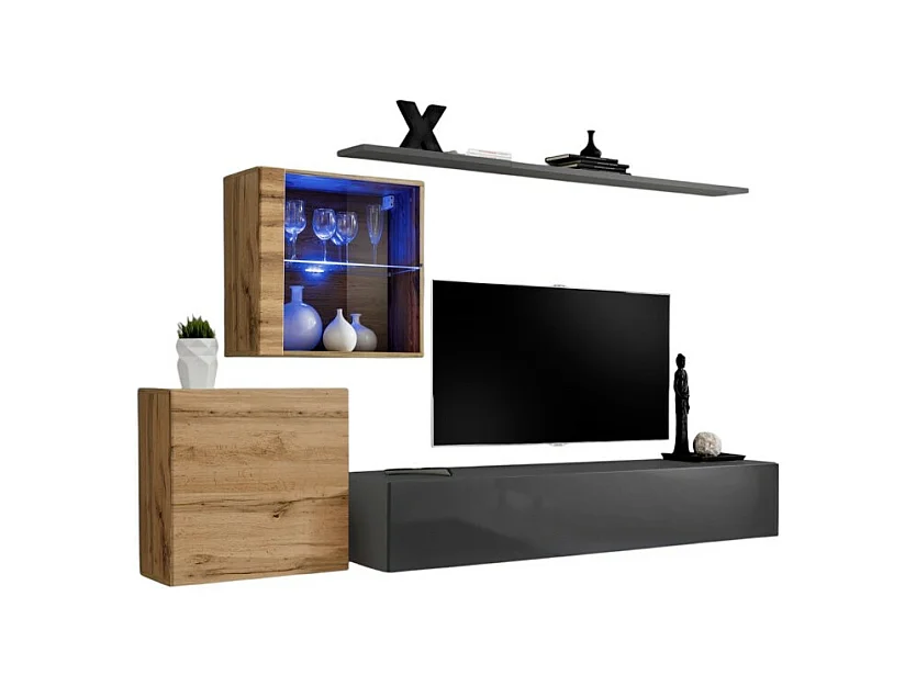 Conjunto de móveis para sala de estar SWITCH XV design, nas cores cinza brilhante e carvalho Wotan.