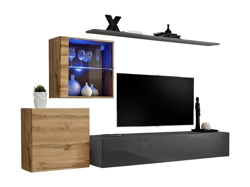 Conjunto de móveis para sala de estar SWITCH XV design, nas cores cinza brilhante e carvalho Wotan.