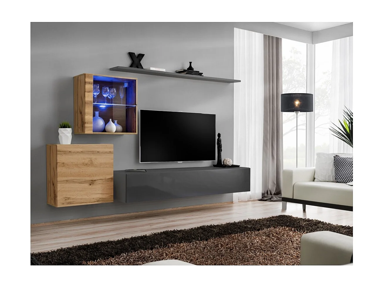 Conjunto de móveis para sala de estar SWITCH XV design, nas cores cinza brilhante e carvalho Wotan.