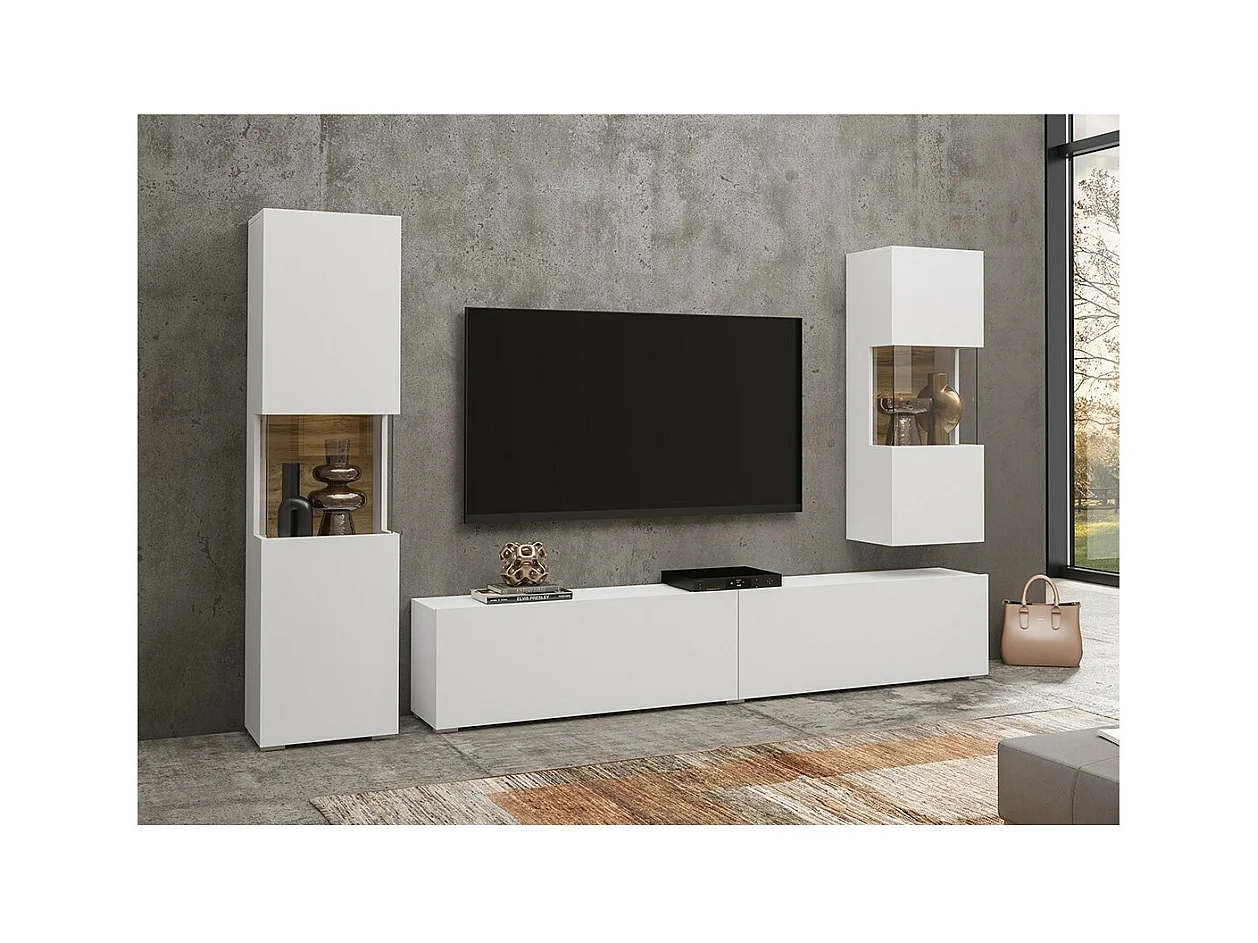 Set aus 3 Möbelstücken für das Wohnzimmer, Kollektion EVA. Farbe Weiß und Eiche.