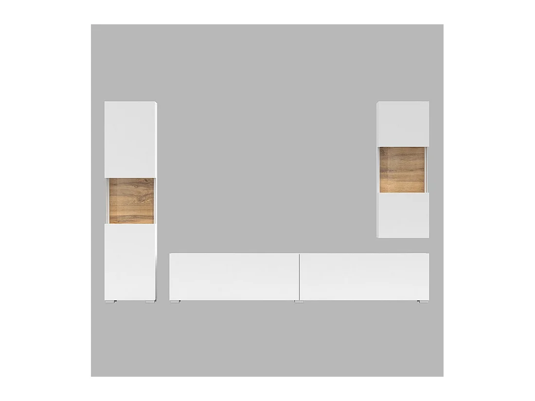 Set aus 3 Möbelstücken für das Wohnzimmer, Kollektion EVA. Farbe Weiß und Eiche.