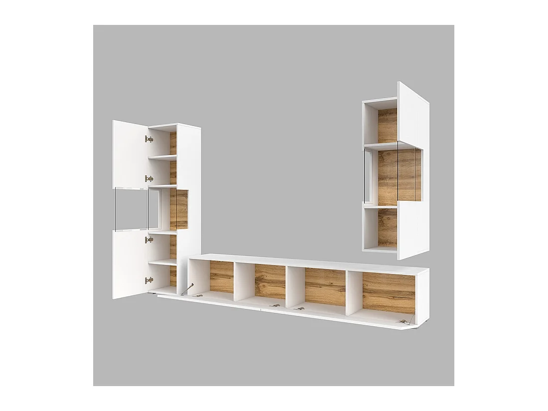 Set aus 3 Möbelstücken für das Wohnzimmer, Kollektion EVA. Farbe Weiß und Eiche.